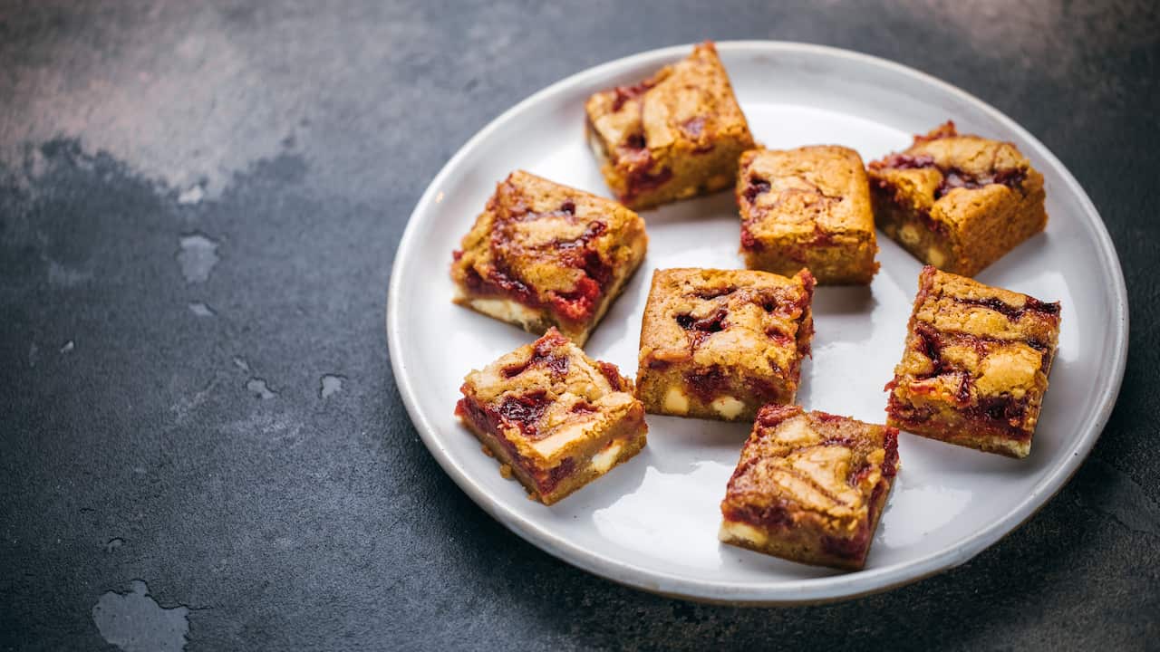 Strawberry and white chocolate blondies