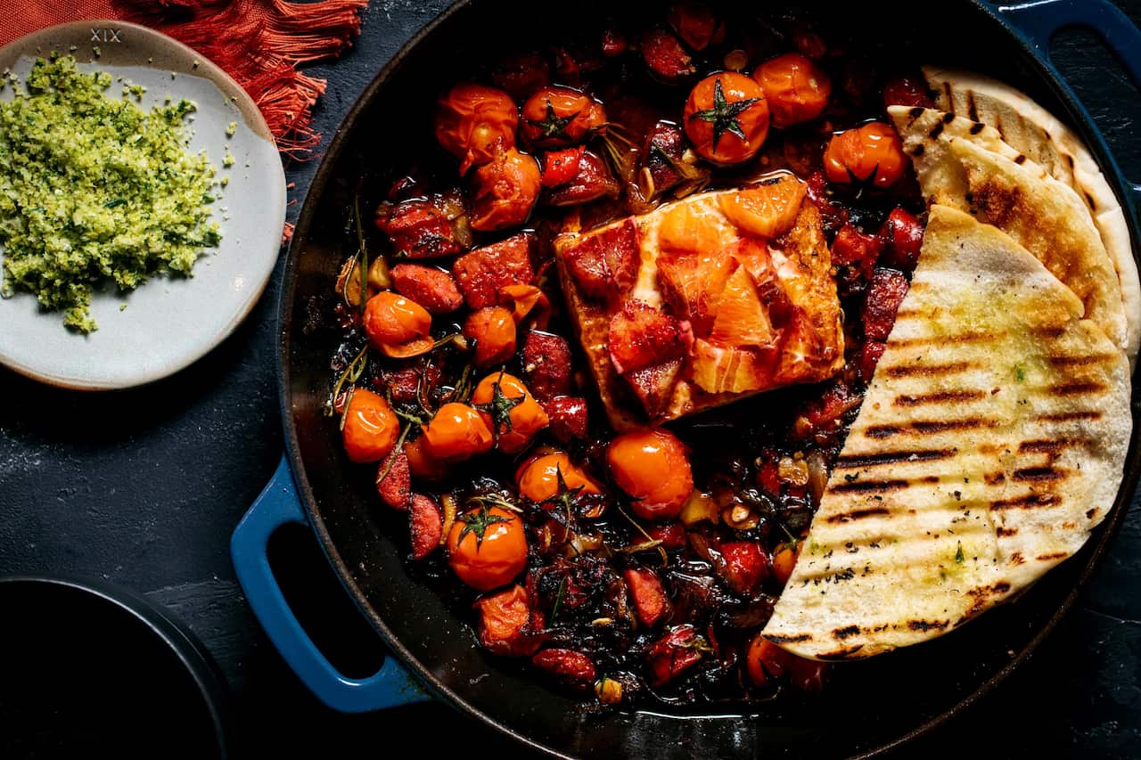 One-pan baked chorizo, halloumi and tomato
