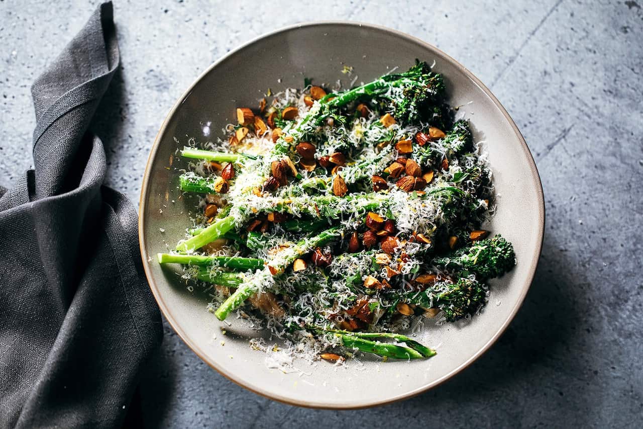 Grilled broccolini and miso white bean puree