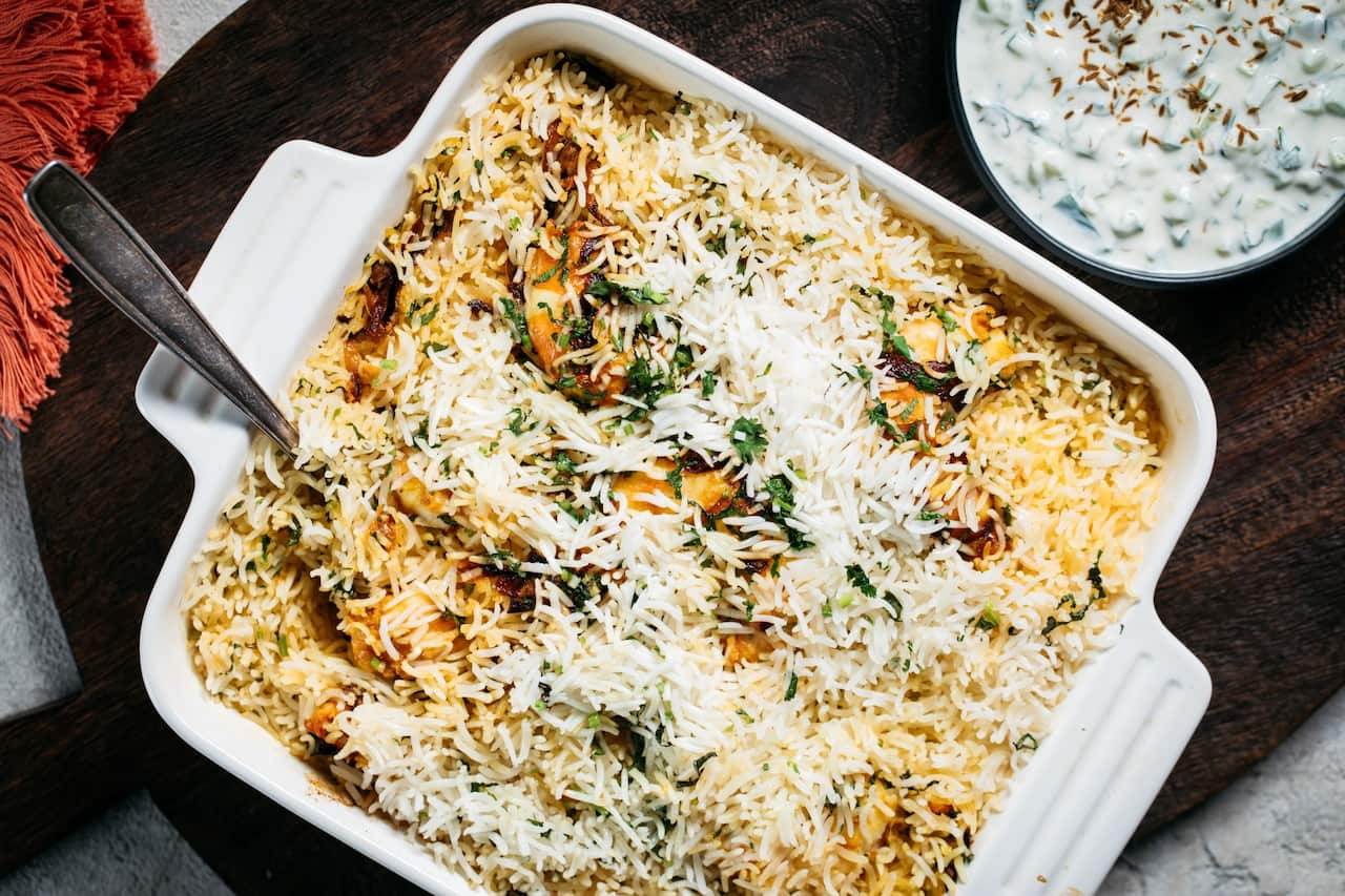 Prawn biryani and sweet yoghurt raita 