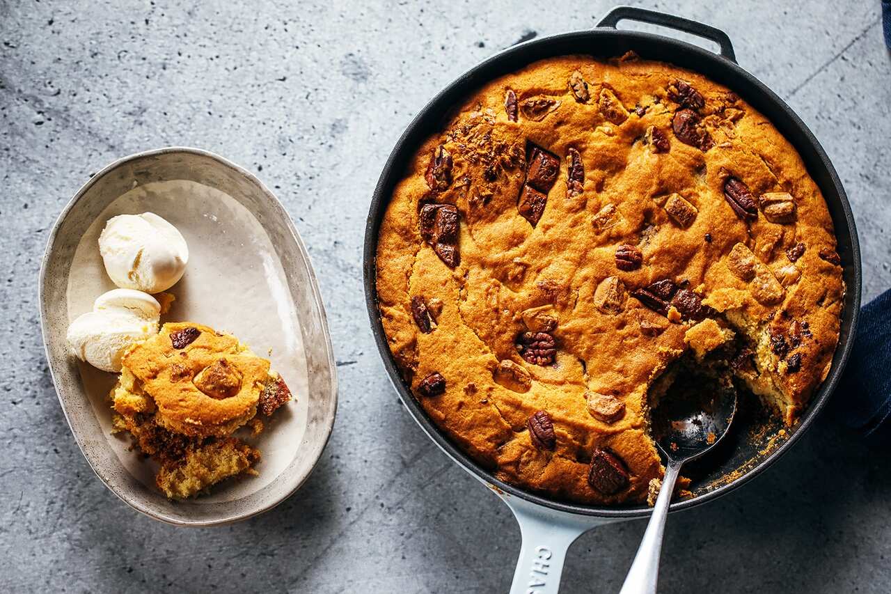 Double chocolate and pecan skillet cookie