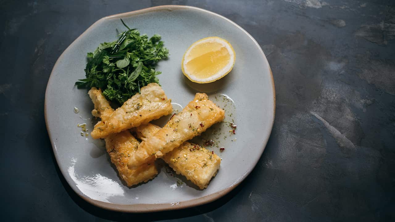 Fried pecorino and honey and summer herbs