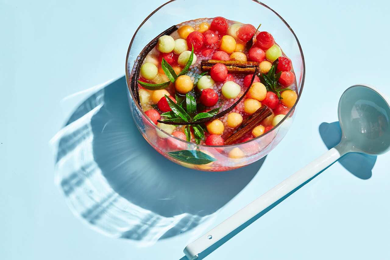 Sago and melon balls with rosewater and cinnamon