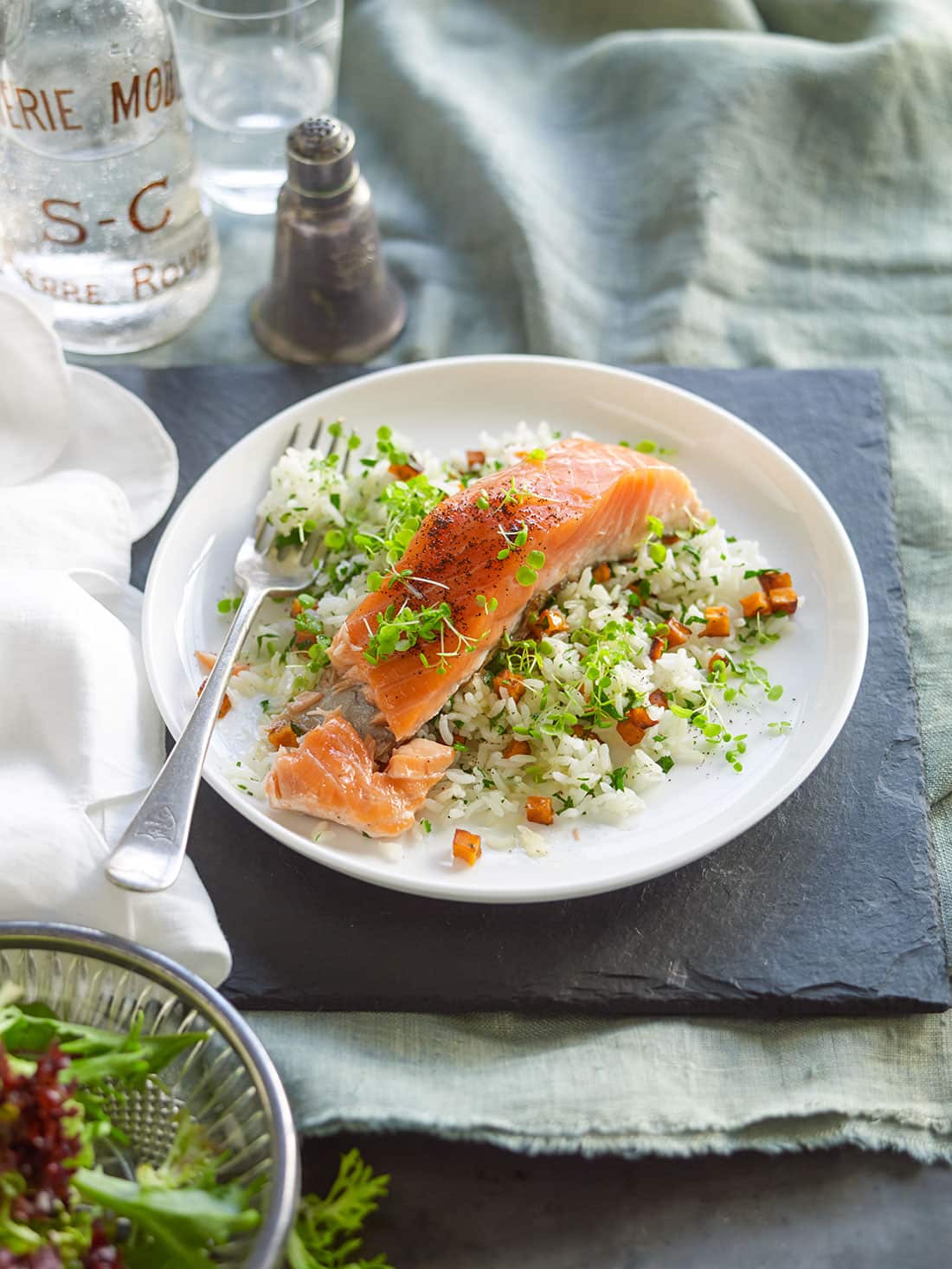 Salmon with coffee and sweet potato rice