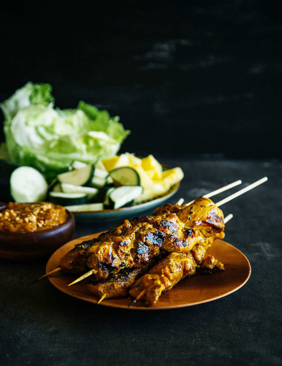 Satay chicken skewers