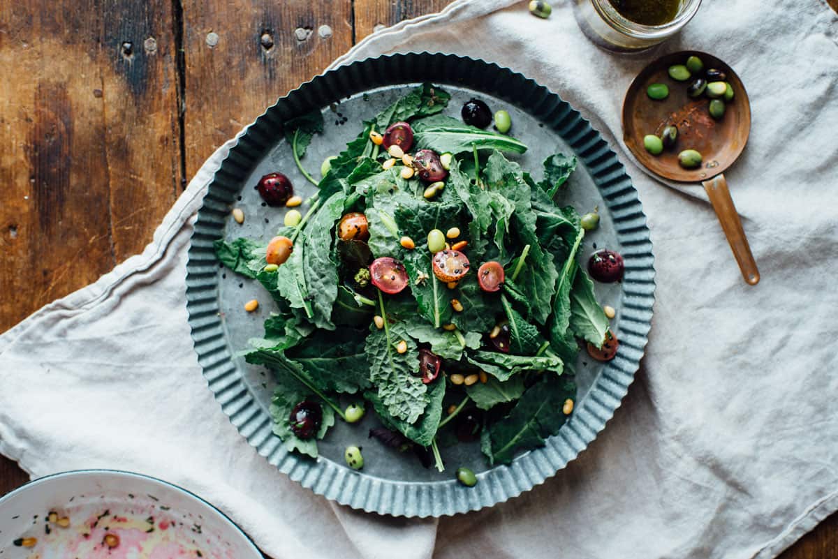 Warm sautéed grapes, autumn kale and edamame salad with shiso vinaigrette
