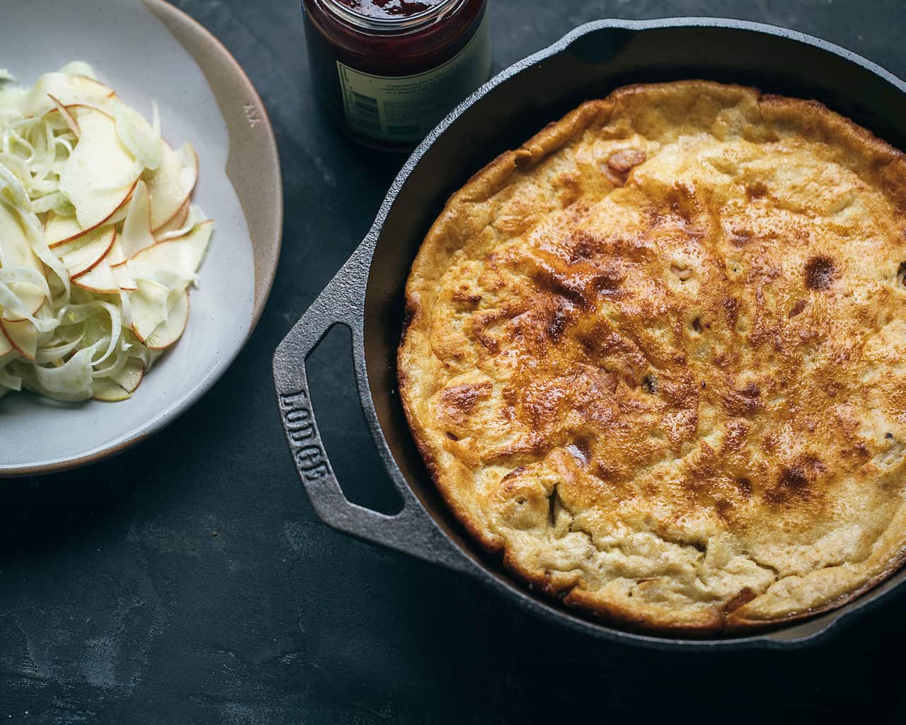 Savoury oven pancake with lingonberry jam