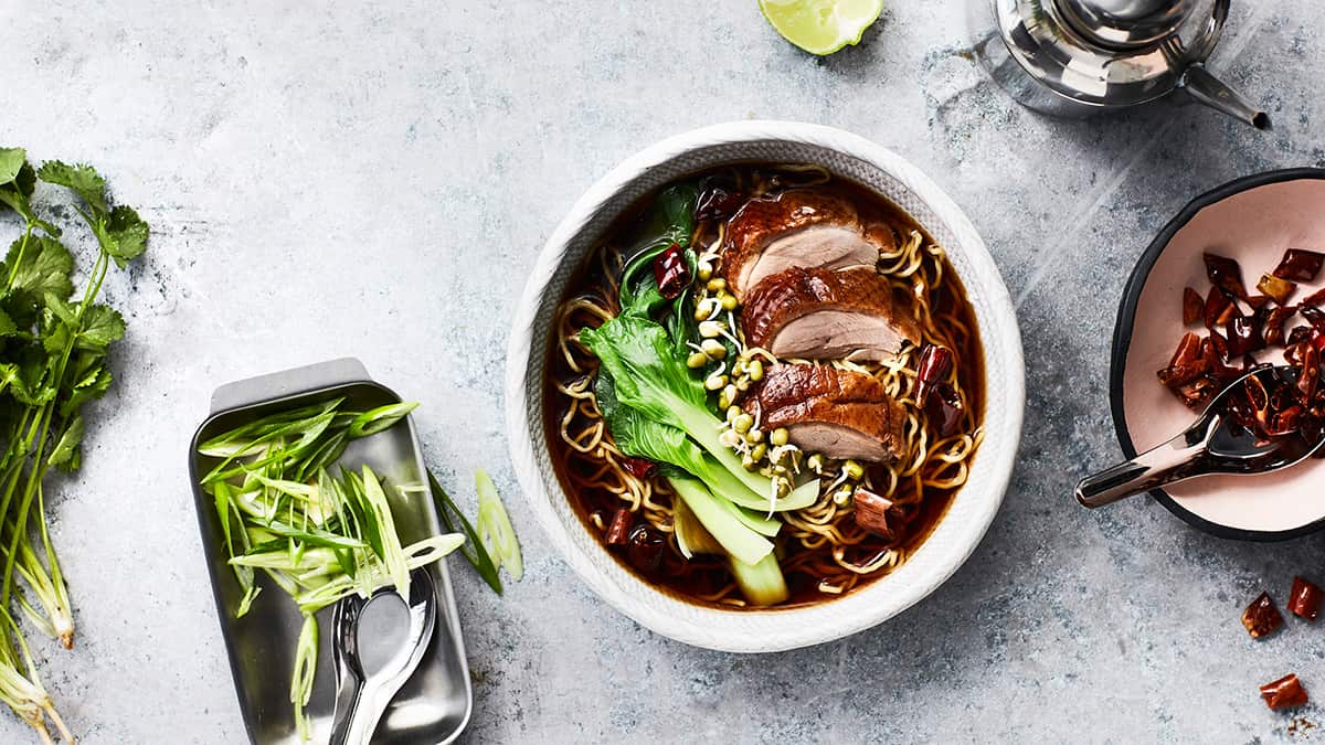 BBQ duck and egg noodle soup