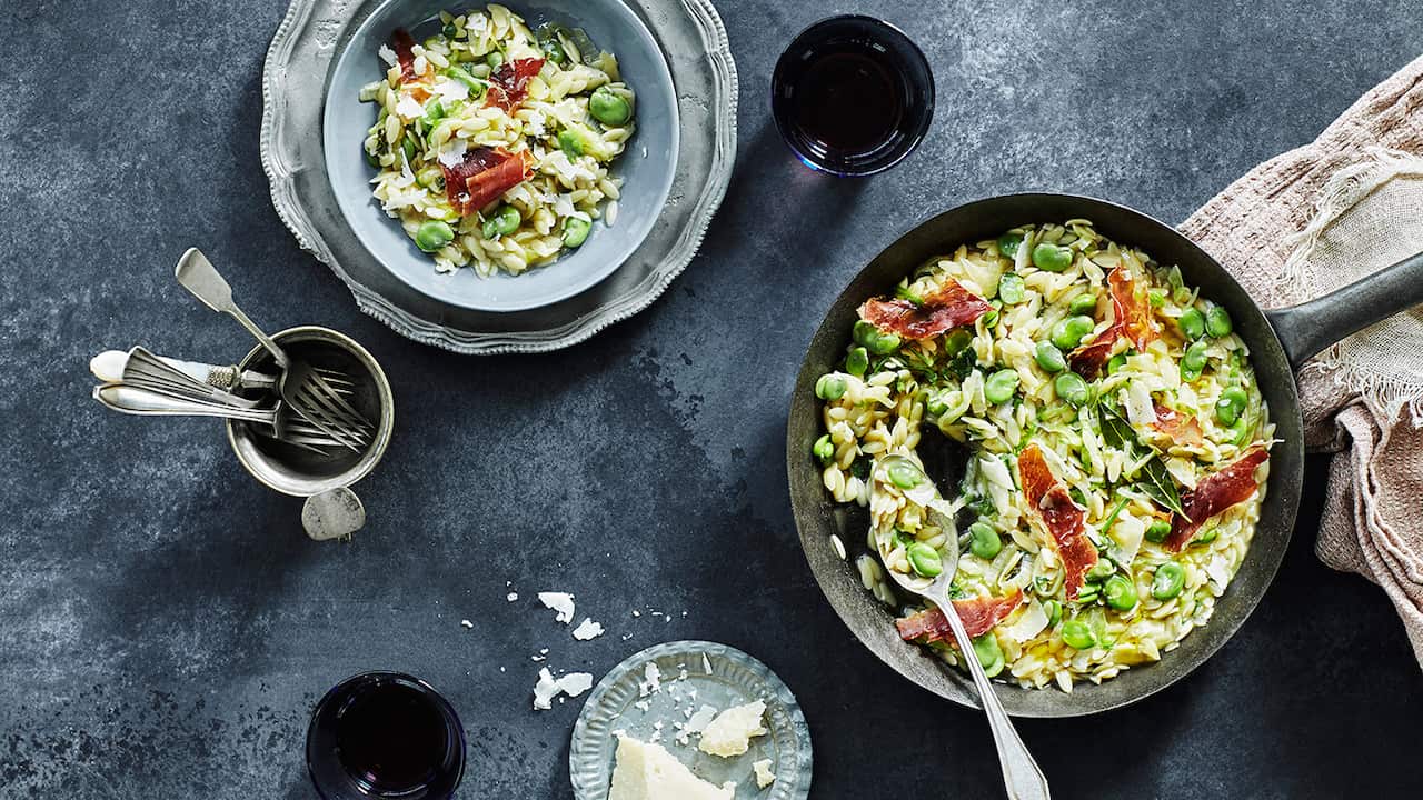 Risoni with broad beans and crisp prosciutto