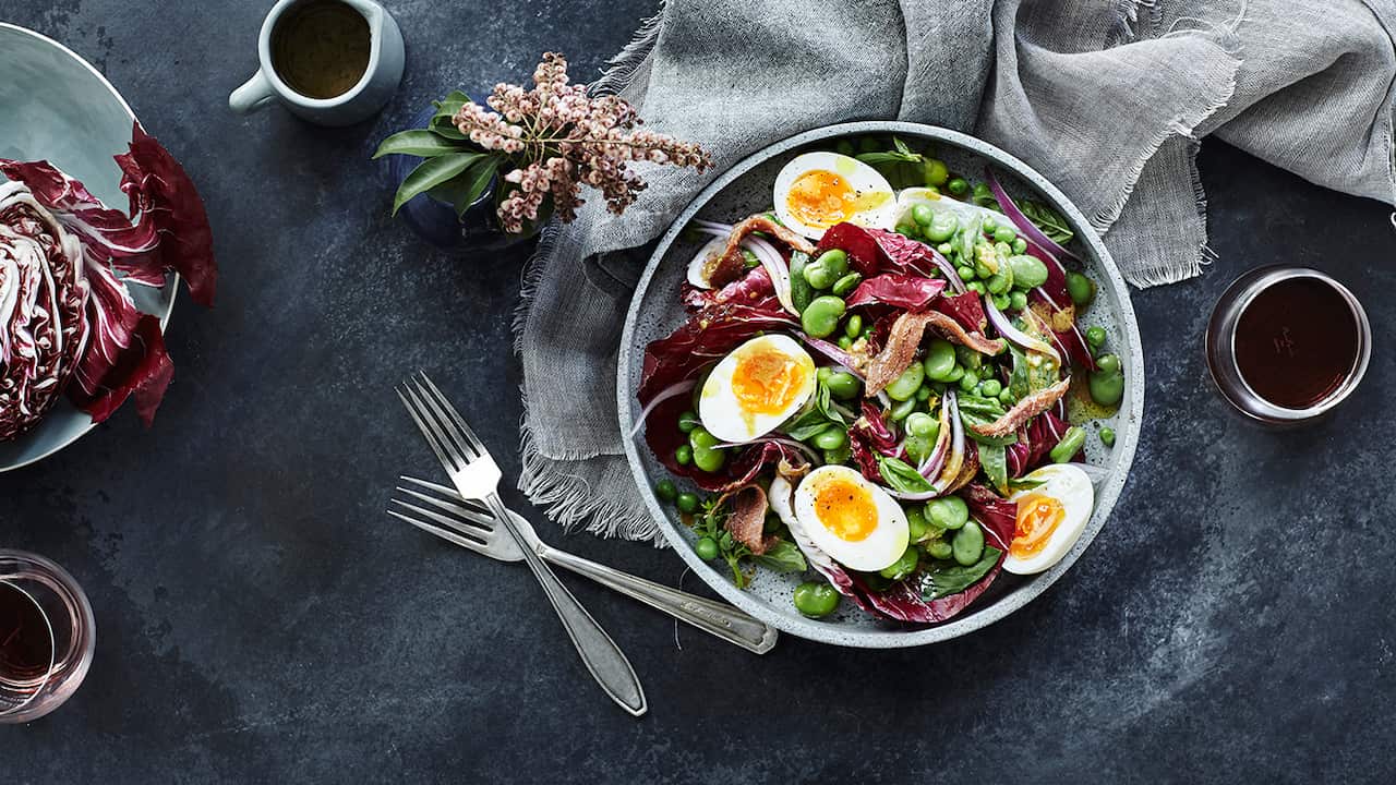 Broad beans, peas, anchovy and soft-boiled egg