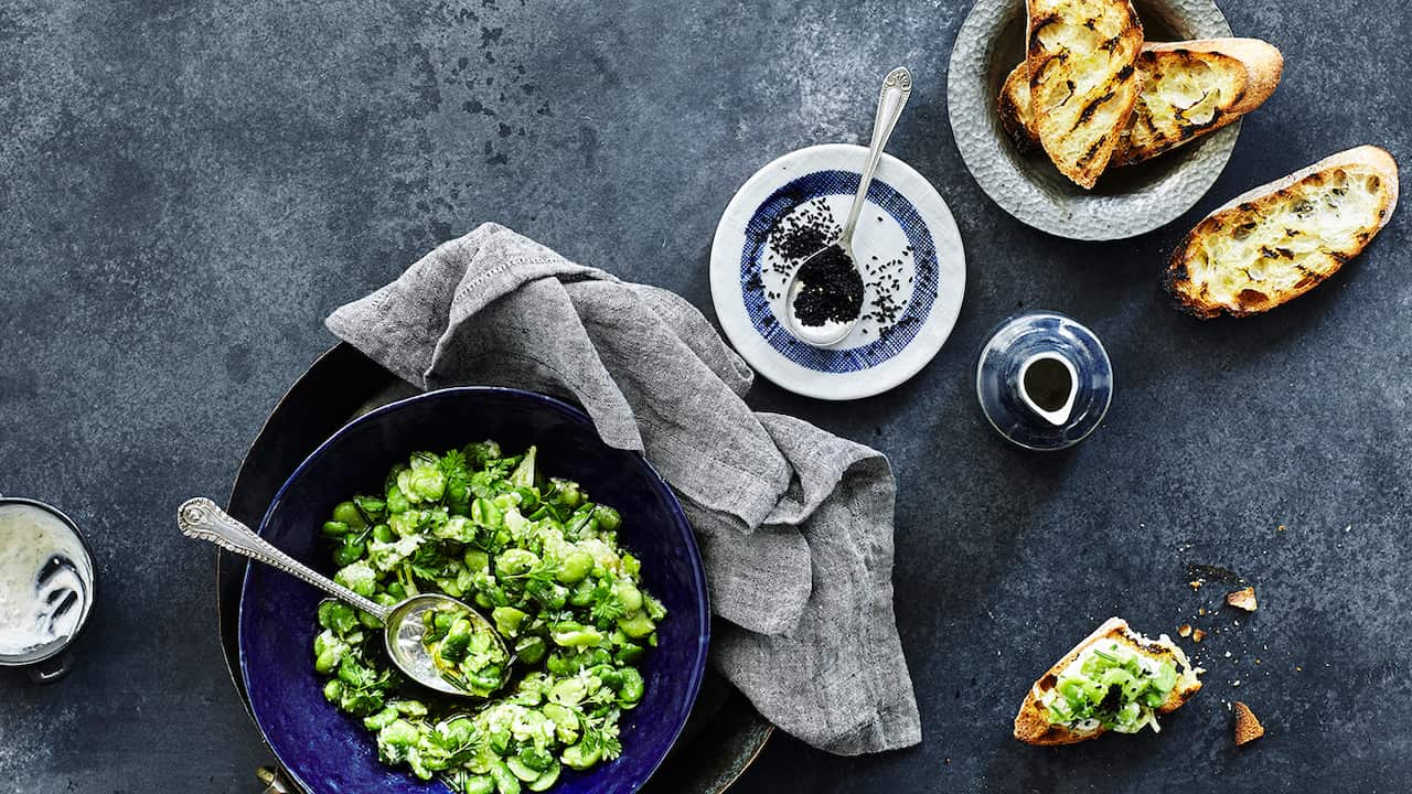 Crushed broad beans with yoghurt, chervil and charred bread