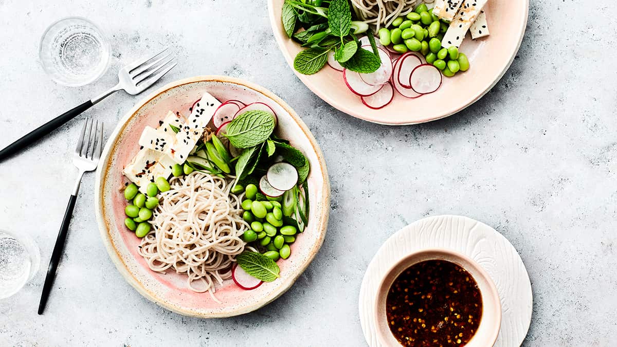 Soba noodle, tofu, edamame and radish salad