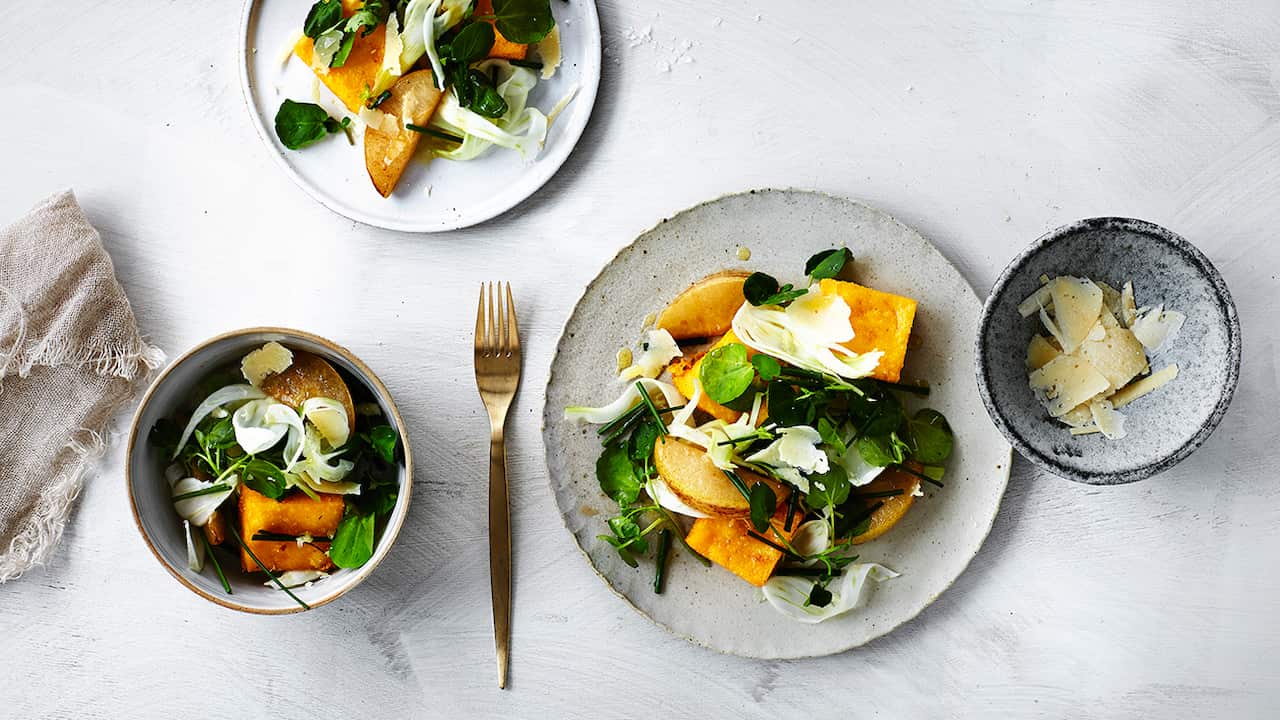 Roasted nashi, fennel, and crispy polenta salad