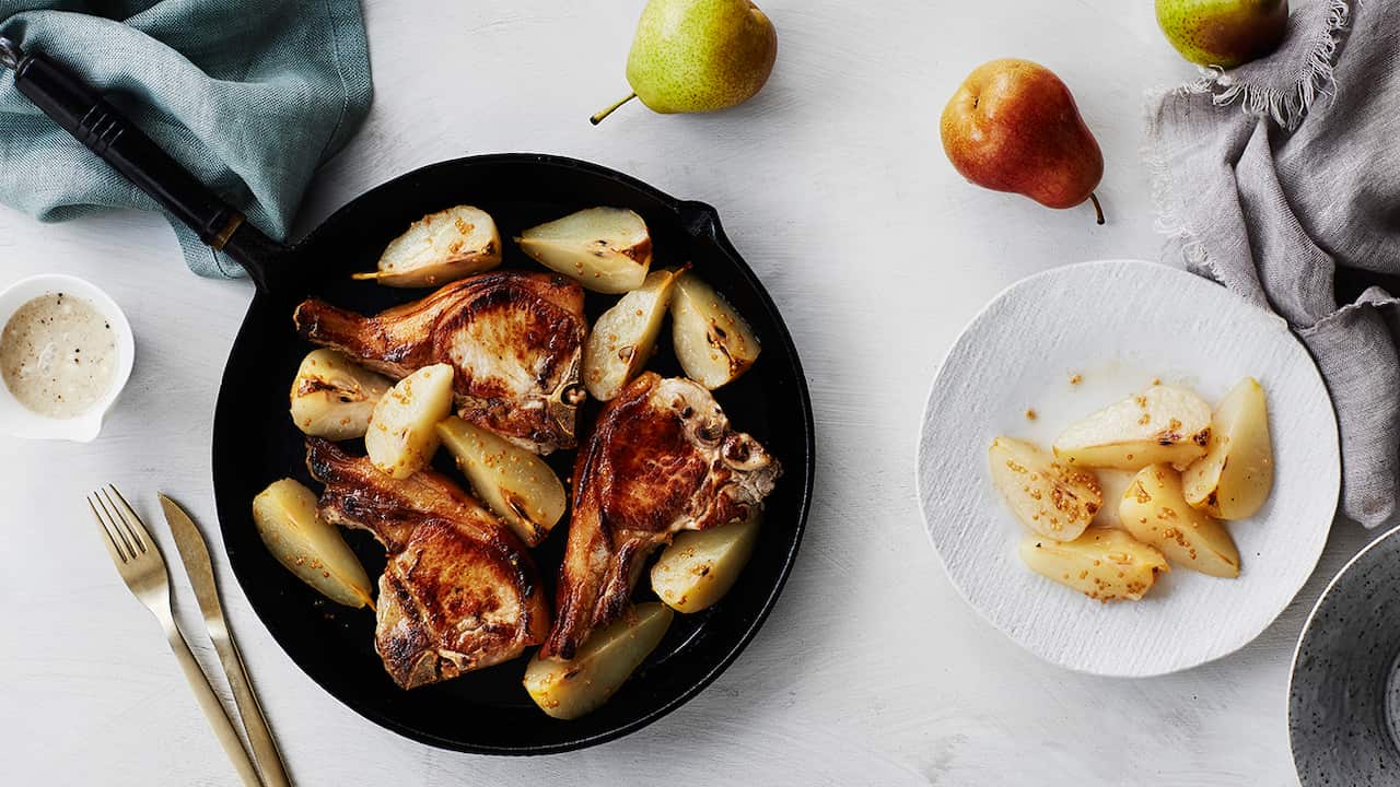 Roasted pork chop, baby corella pear and mustard