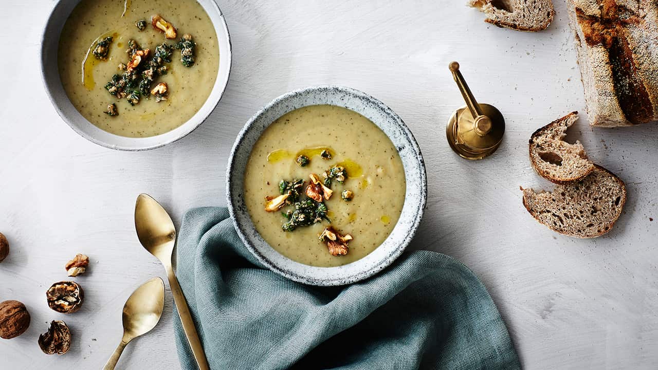 Packham pear, parsnip and potato soup with walnuts