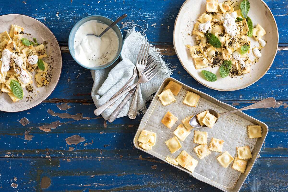 Turkish dumplings with  Greek yoghurt sauce (manti)