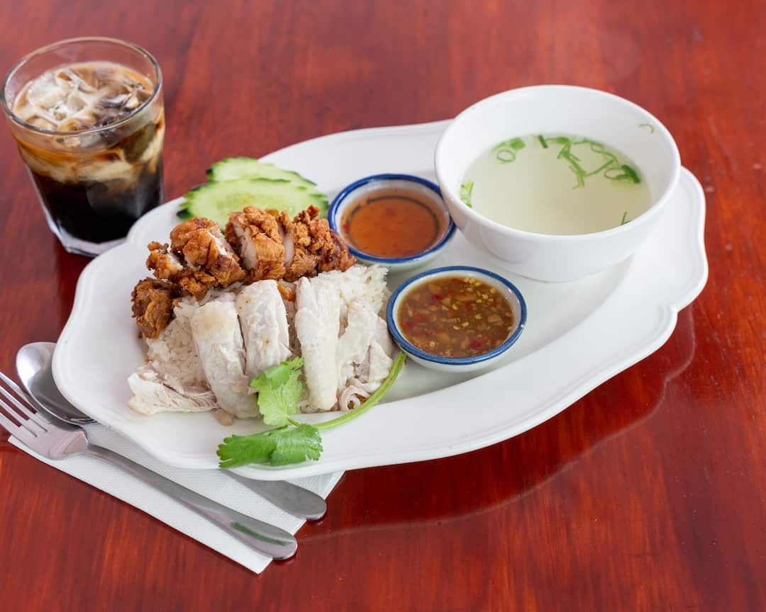 The poached and fried chicken khao man gai.