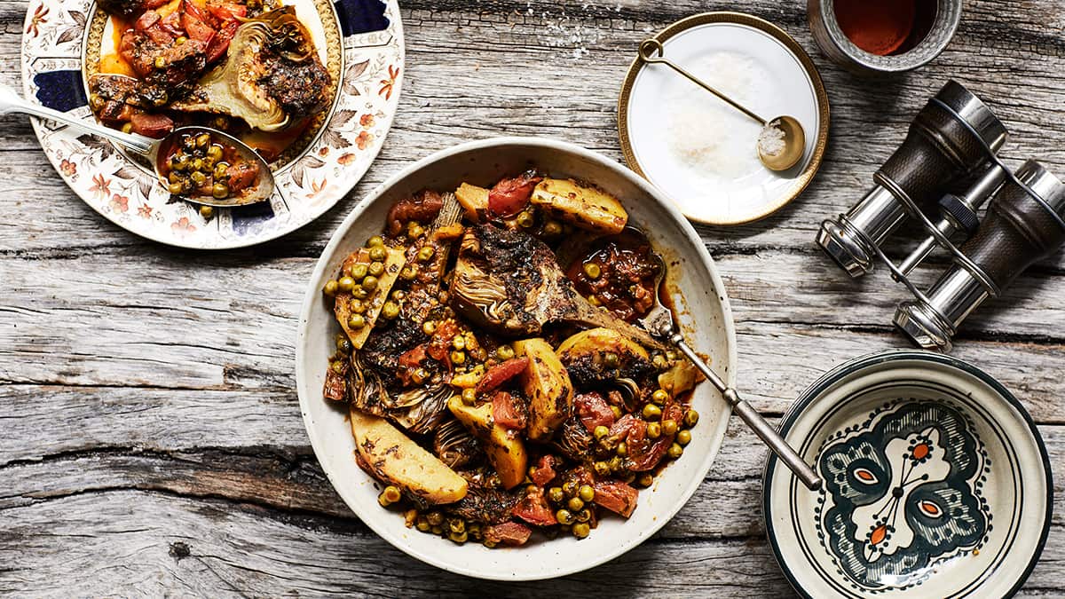 Artichoke and pea tagine