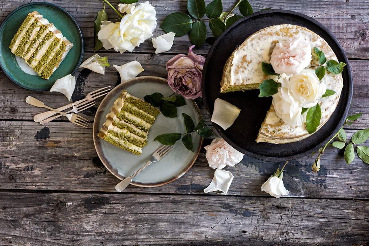 Matcha and almond layer cake