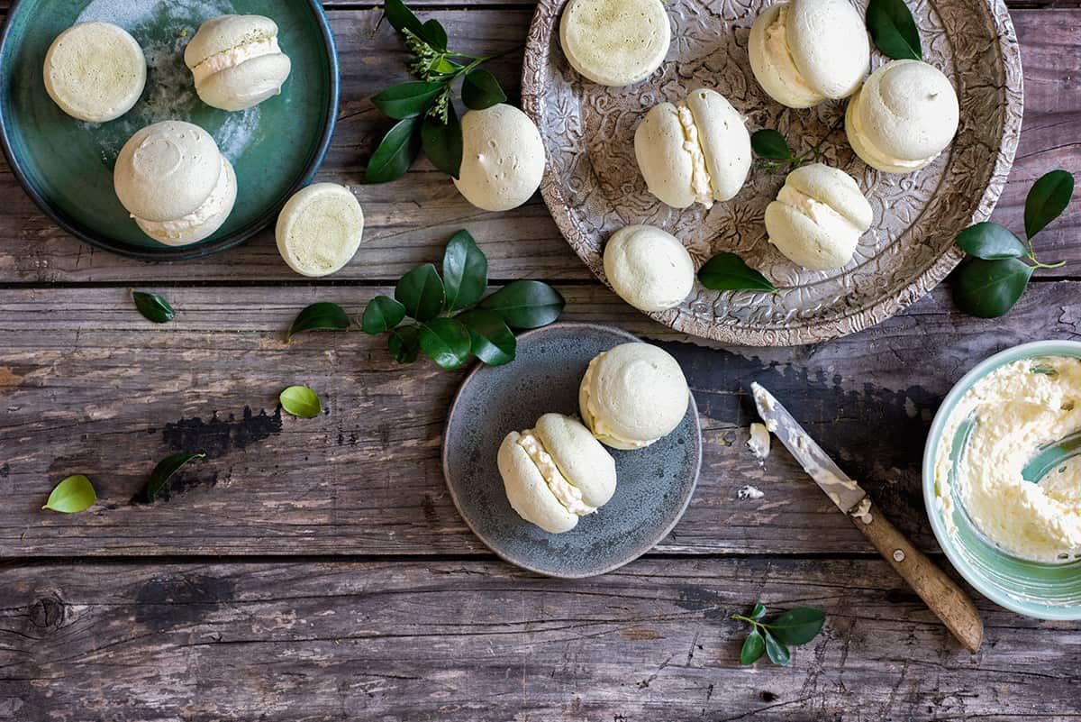 Matcha and coconut meringues