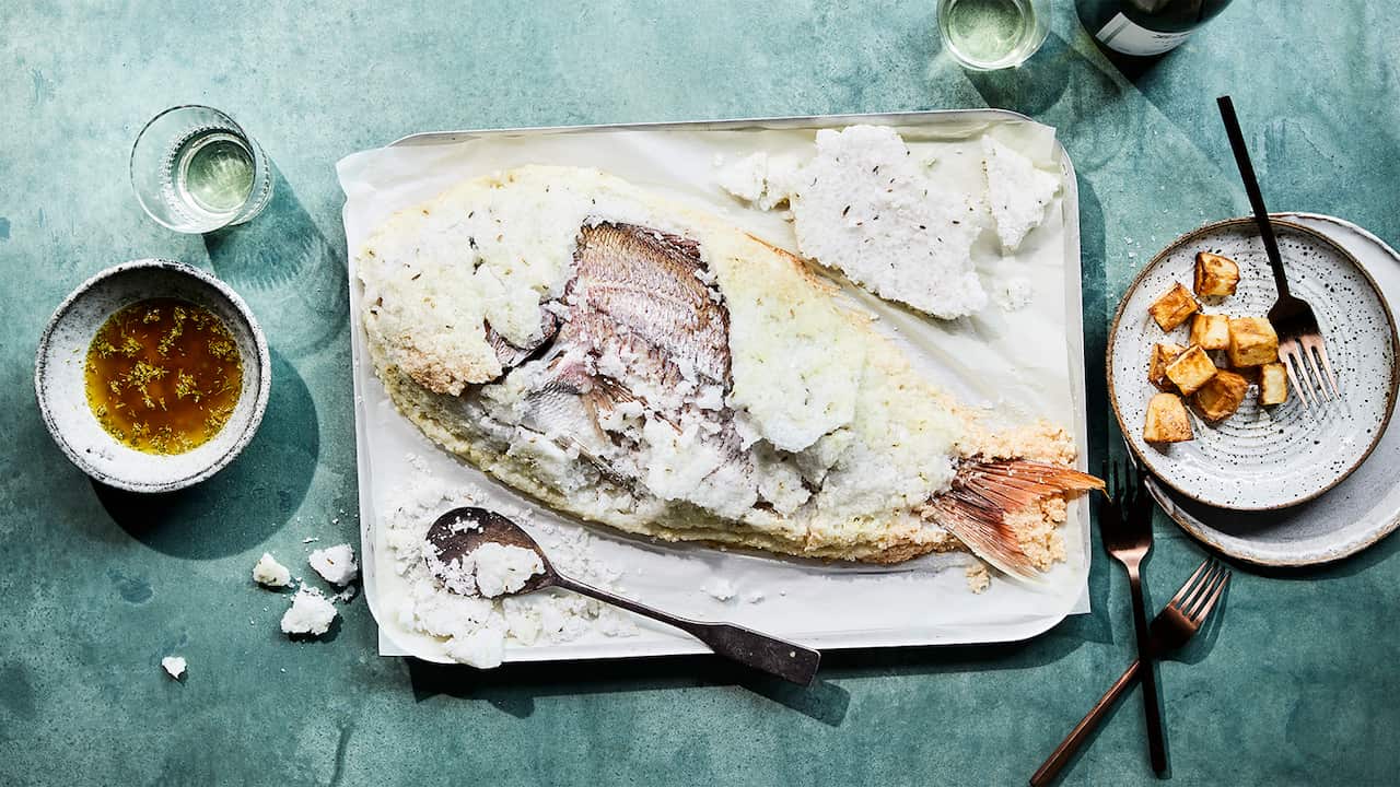 Salt baked snapper with samoriglio