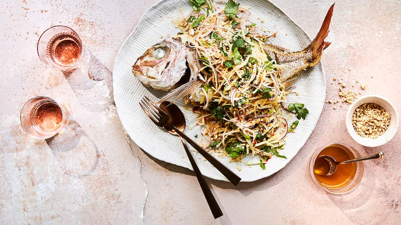 Deep-fried snapper with green mango salad 