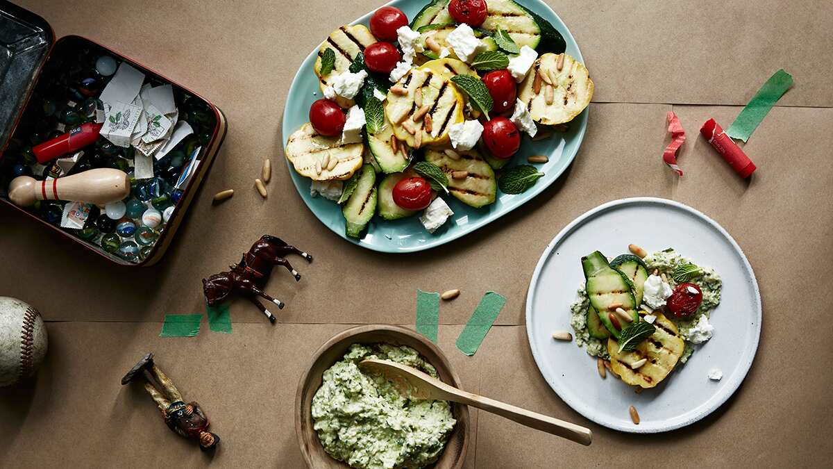 Chargrilled vegetables with zucchini hummus, pinenuts and mint