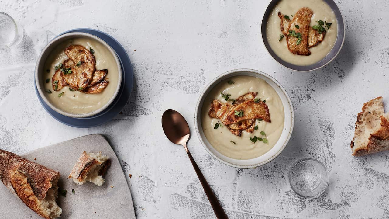 Celeriac, potato and roast garlic soup