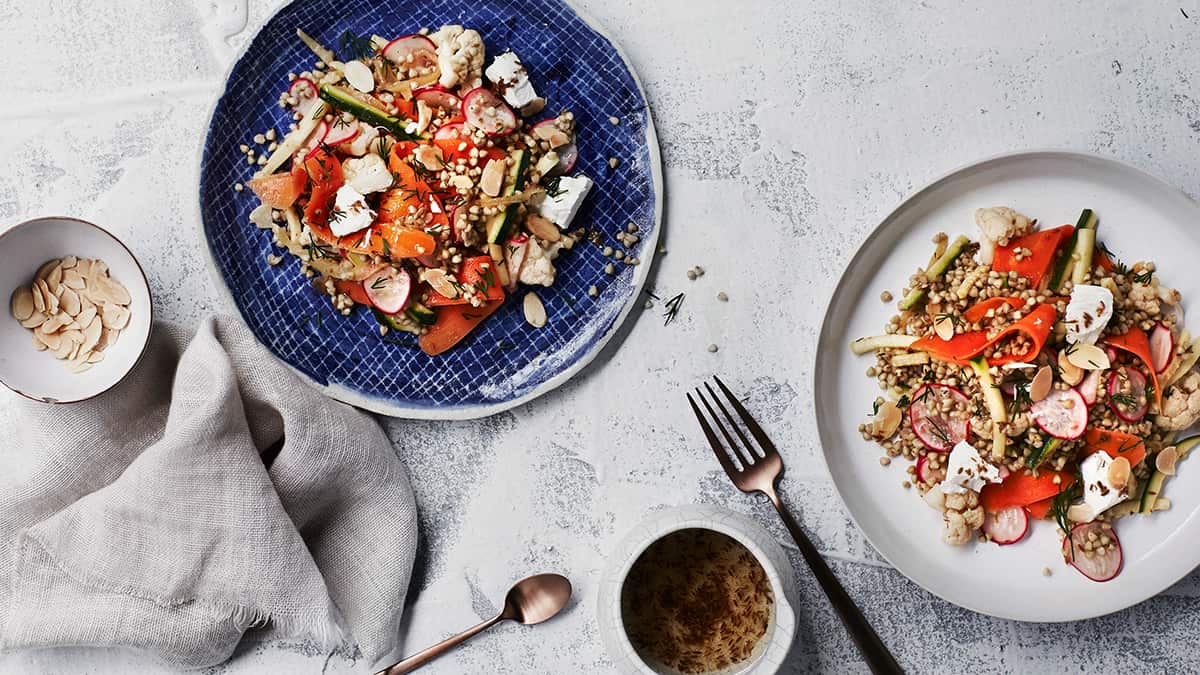 Warm pickled vegetable salad with buckwheat, preserved lemon and dill