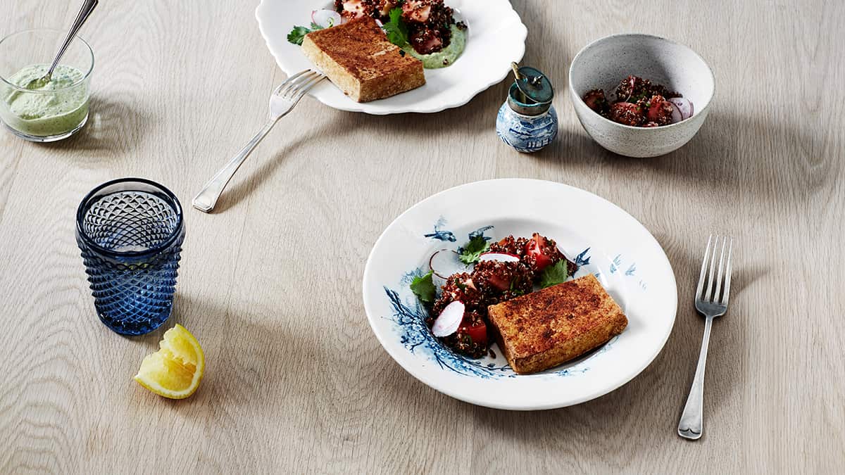 Baharat spiced tofu with zucchini hummus and quinoa 