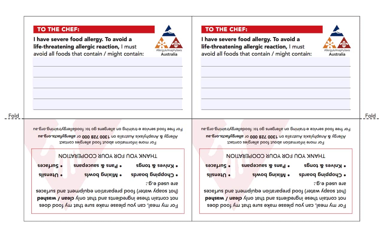The printable chef card template for people with food allergy.