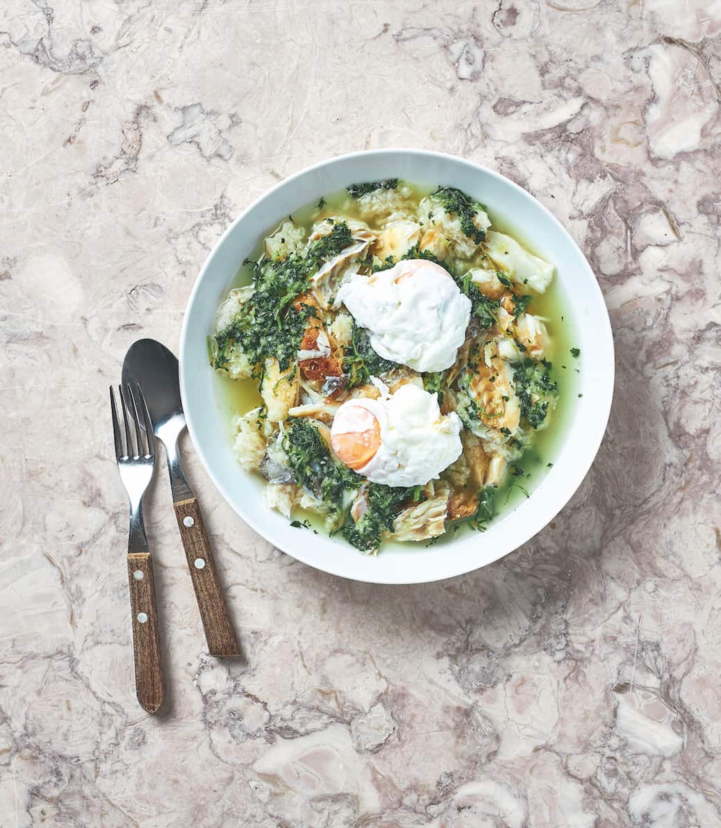 Bread soup (acorda), typical of Alentejo style. This is a soup with a transparent broth, blanched pennyroyal or coriander, garlic, salt, stale bread and eggs.