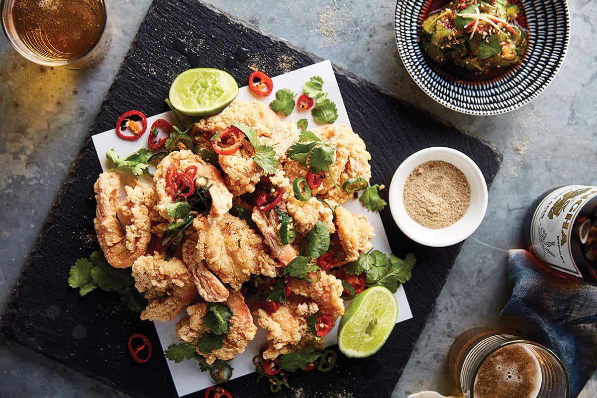 Sichuan salt and pepper king prawns with wok-toasted chilli and garlic