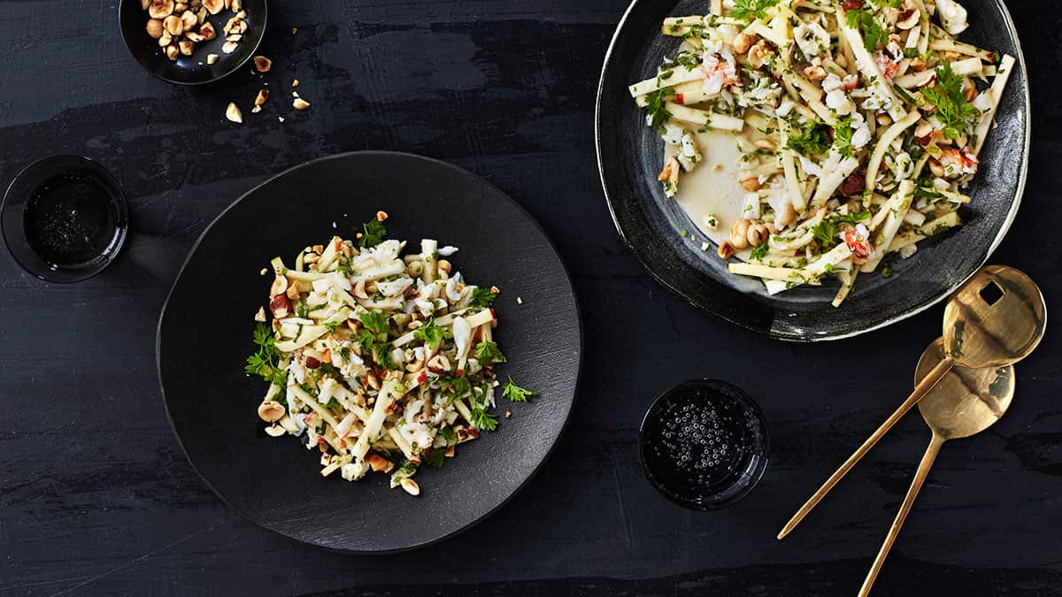 Crab and Pink Lady Salad with hazelnuts and horseradish