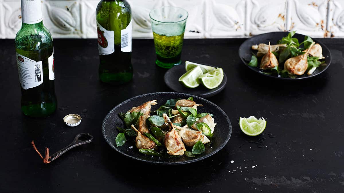 Crispy apple eggplant with green chilli and herbs