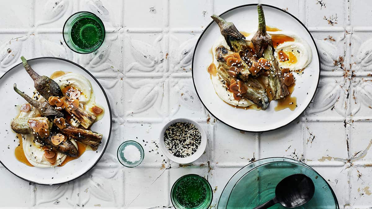 Charred Japanese eggplant with garlic and sesame