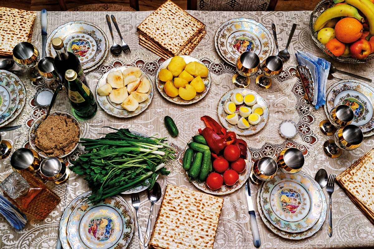 Seder table with matzo (unleavened bread) 
