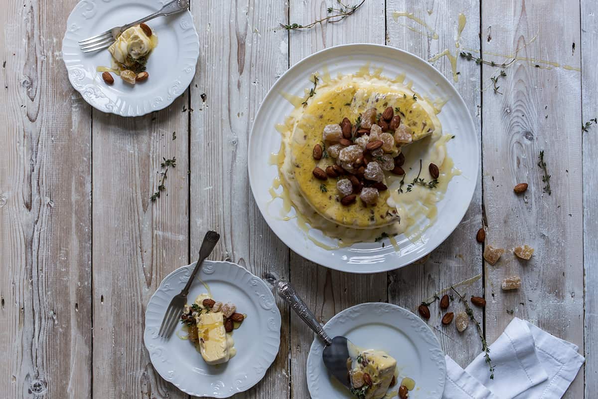 Honey, almond and ginger semifreddo with a hint of thyme (semifreddo di mandorla e miele, con zenzero e timo)