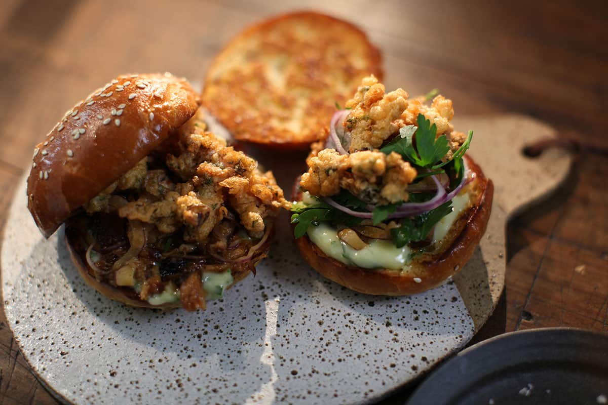 Sherry-glazed pork belly and prawn brioche