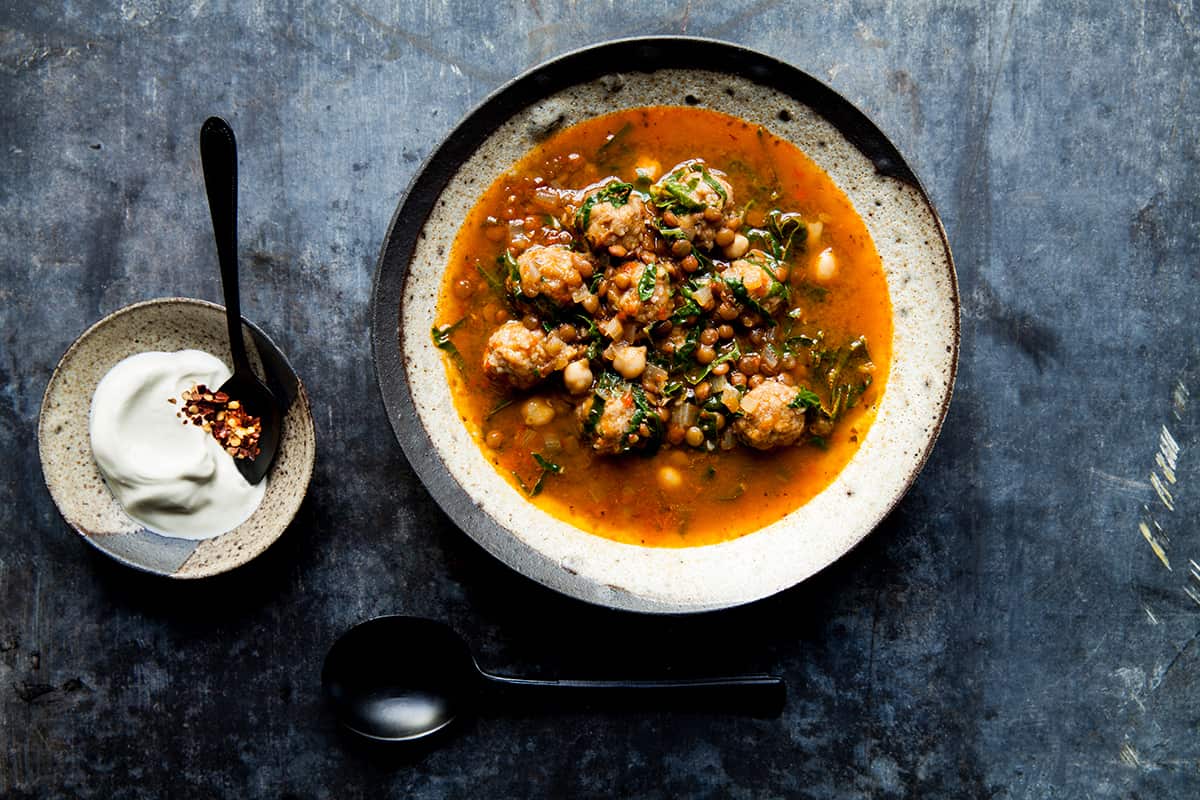 Silverbeet, lentil, chickpea and lamb kofte soup 