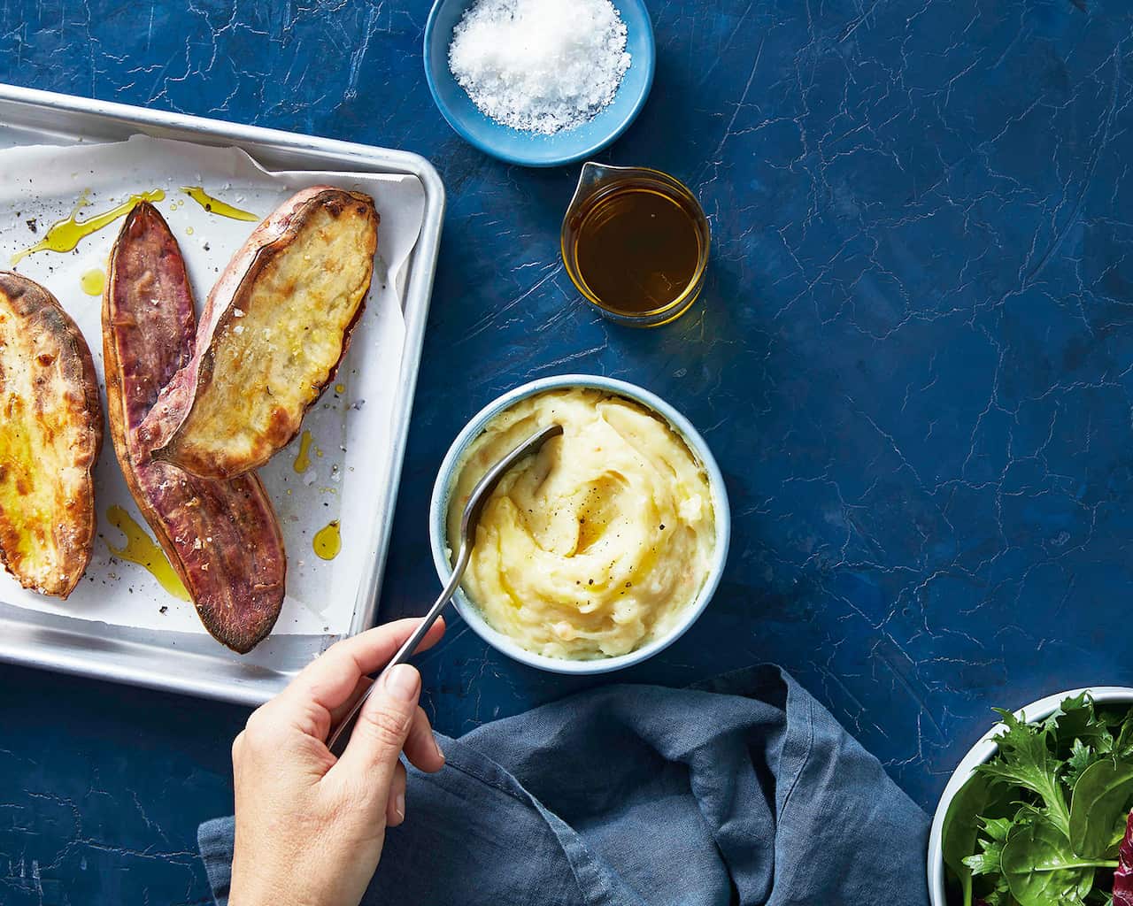 Skordalia: purple-skinned white sweet potato and garlic mash