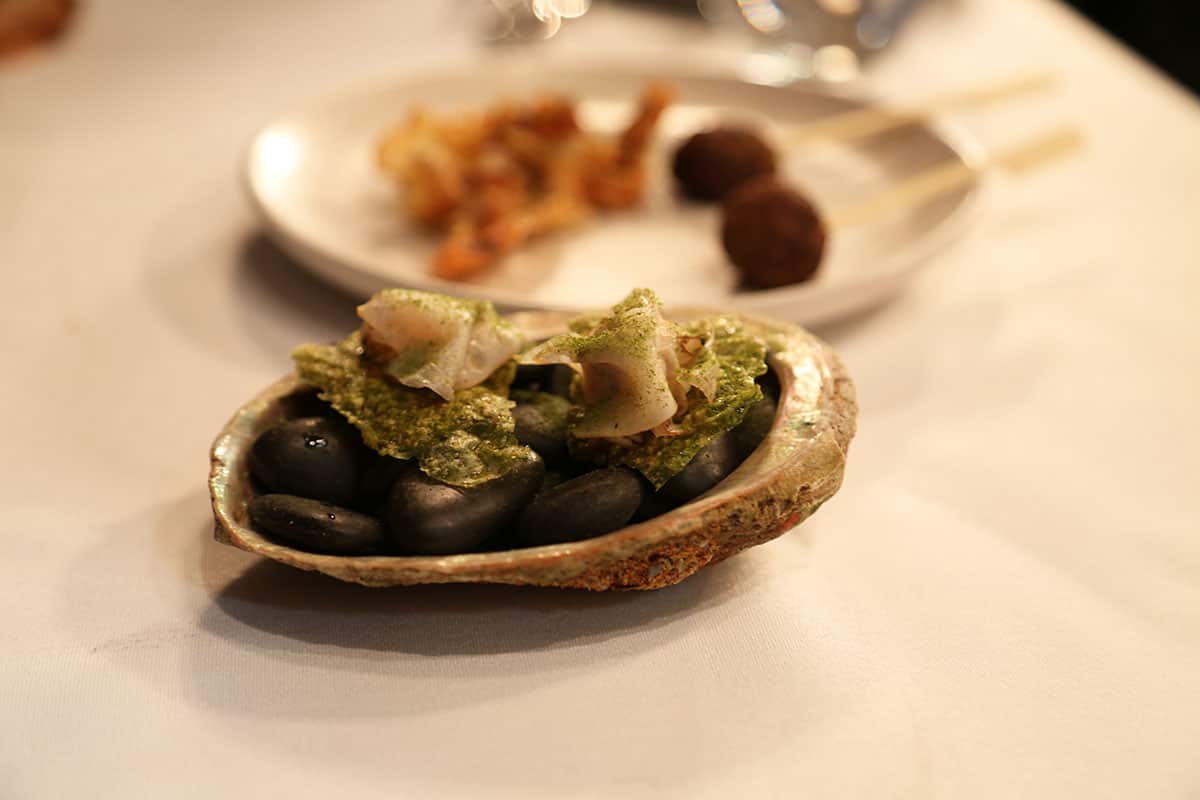 Smoked black-lipped abalone is teamed with lemon myrtle.