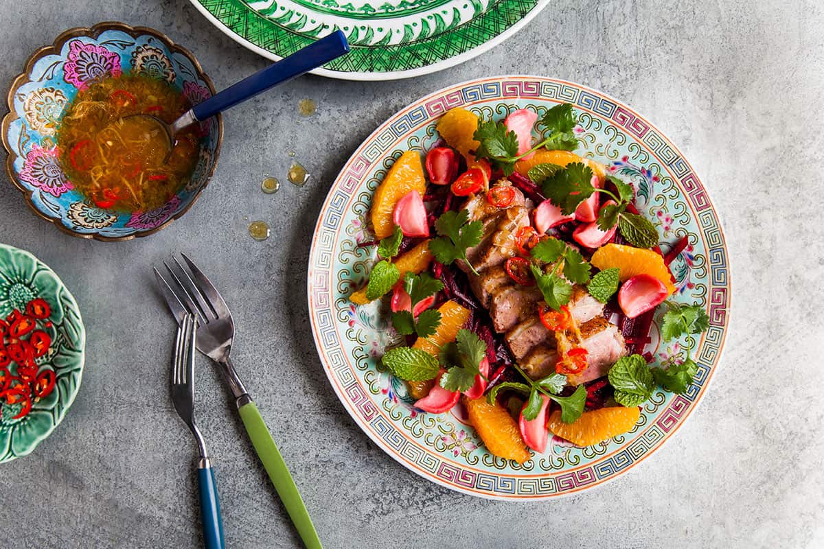 Smoked duck, beetroot and orange sauce