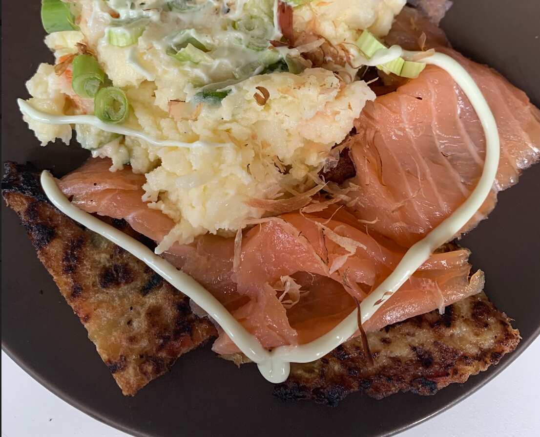 Okonomiyaki welcomes smoked salmon and is paired with Japanese potato salad 