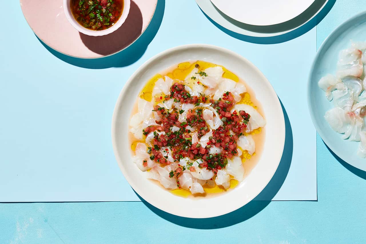 Snapper crudo with watermelon, caper and chilli