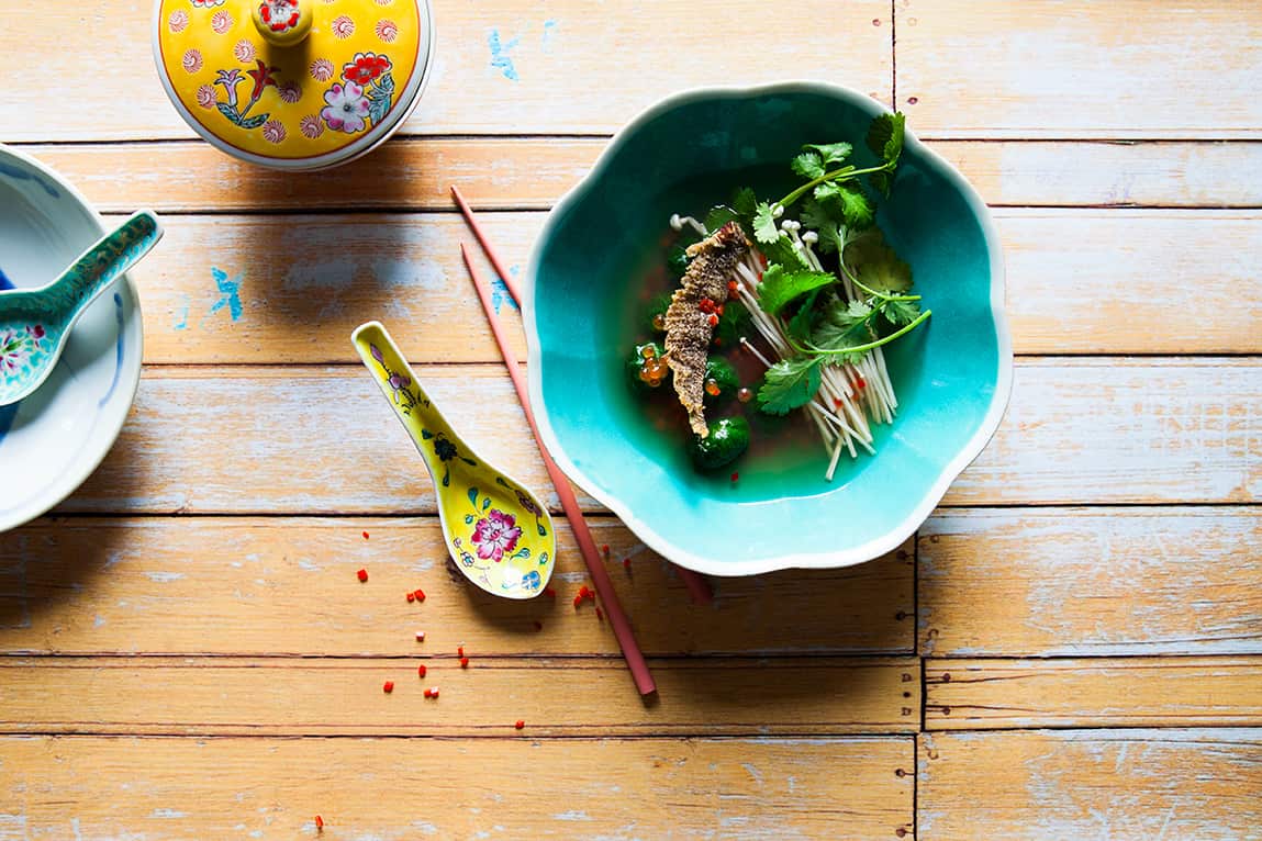 Snapper dumpling tom yum soup