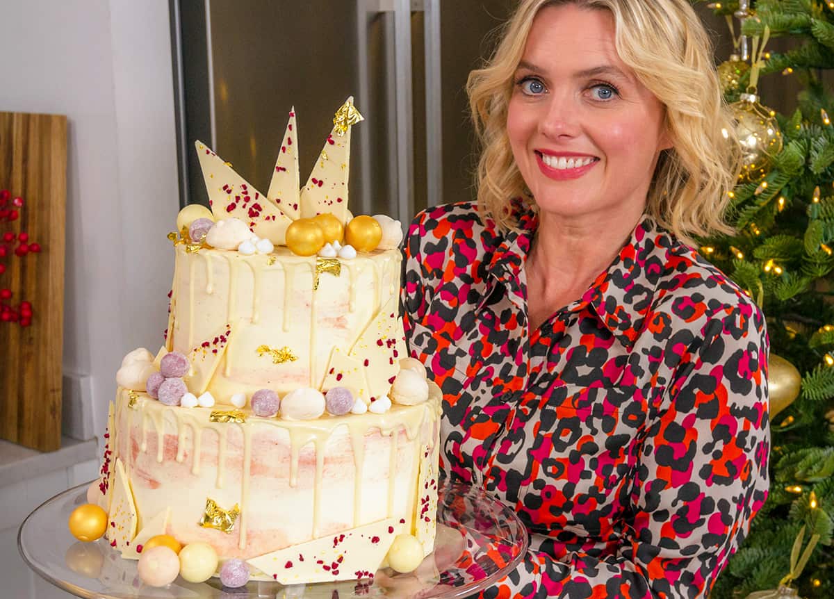 Juliet Sear with sparkling wine drip cake