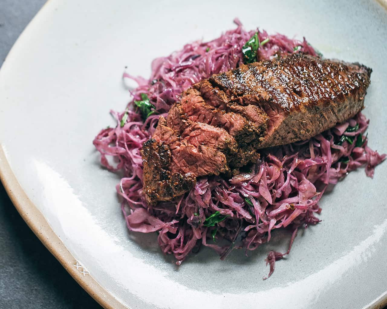 Spiced kangaroo fillet with red cabbage and saltbush