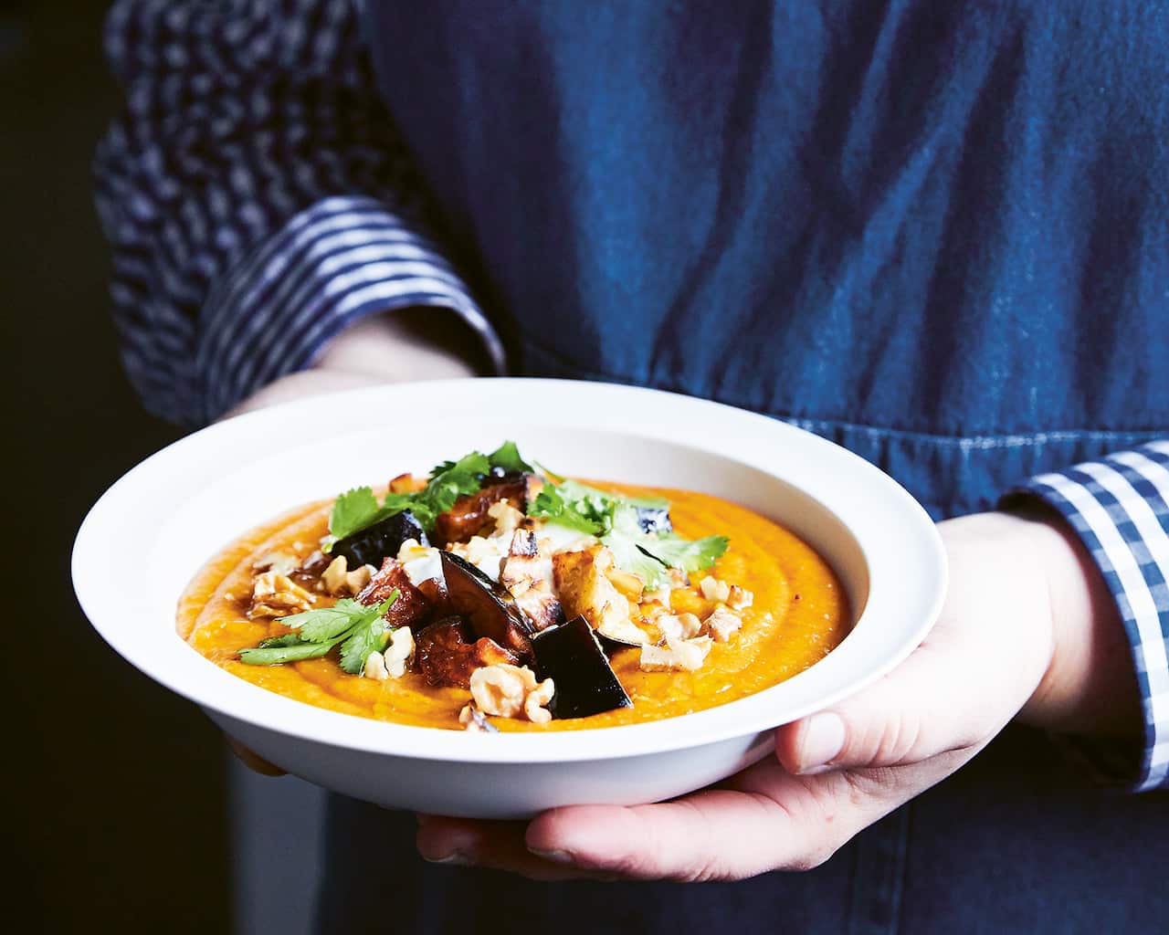Spiced split lentil soup with fried eggplant
