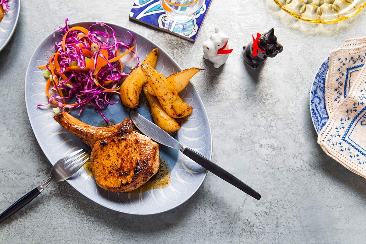 Spiced pork cutlets with charred pears